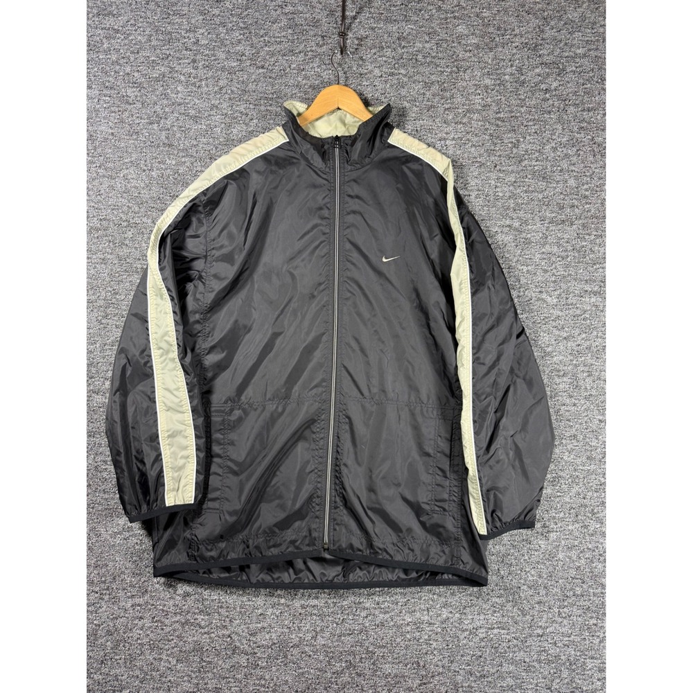 Nike Windbreaker Jacket Mens XXL Black Cream Stripe Full Zip Track Swoosh Logo
